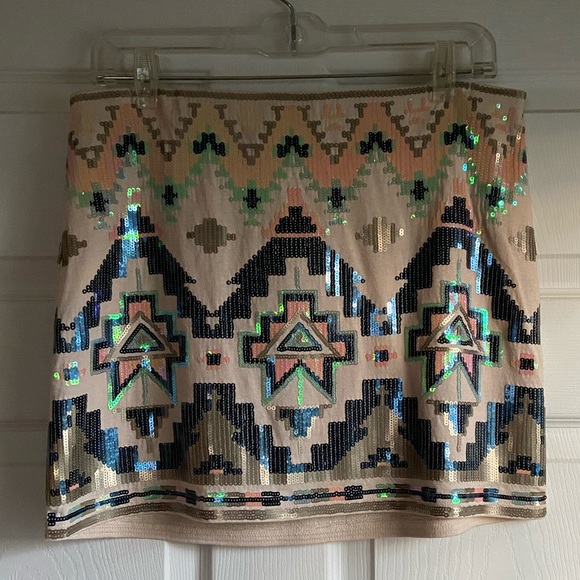 Express Sequin Aztec Mini Skirt M - Picture 2 of 5